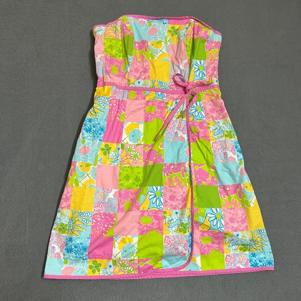 Lilly Pulitzer Dress Womens 8 Pink Multi Patchwork Floral Strapless Wrap Style